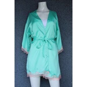 Victoria's Secret Womens Size XS/S Green Peach Satin Robe Belted Short Lace Trim